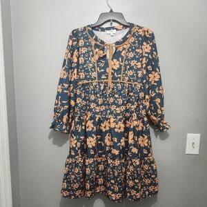 Umgee Women's Floral Mini Dress Size S Green And Orange Long Sleevs
